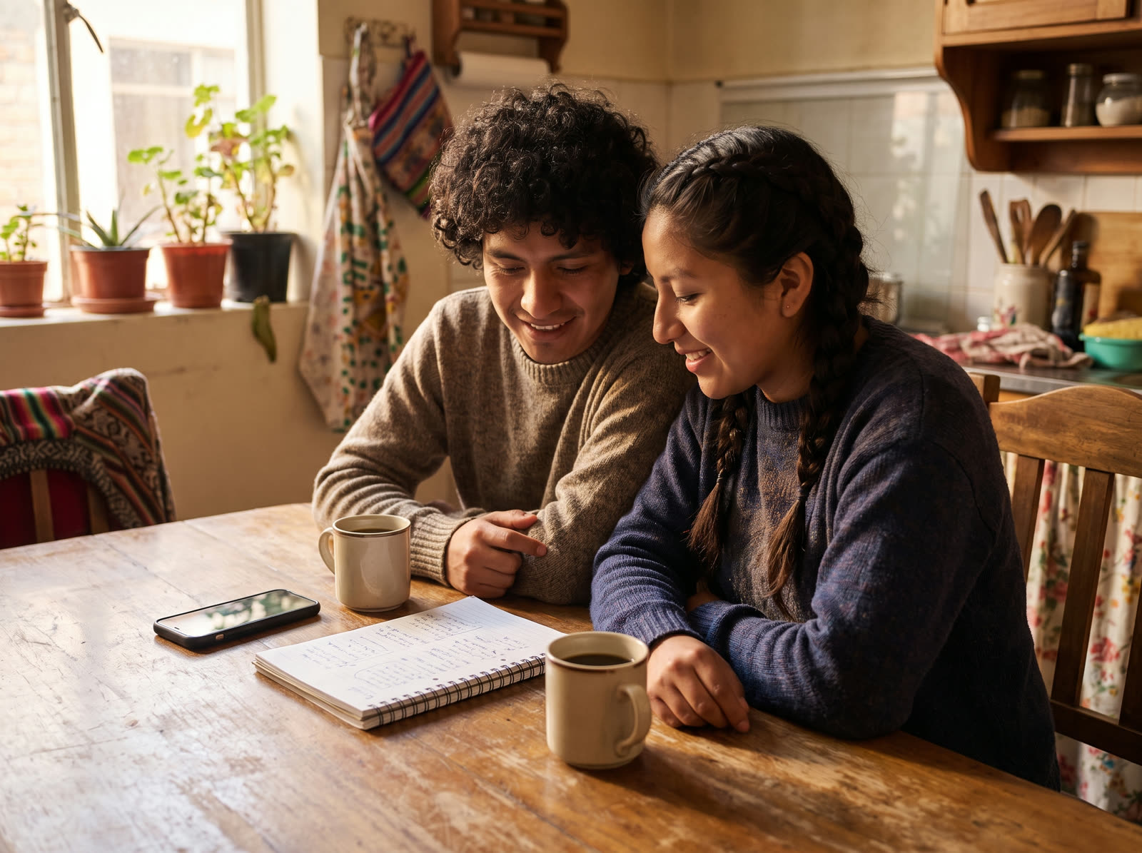 Una pareja planifica su futuro en la mesa de su casa