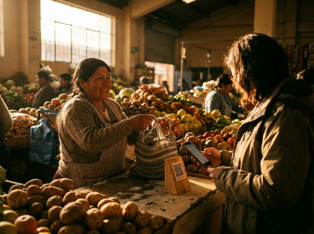 Una comerciante cobra con código QR en un mercado boliviano